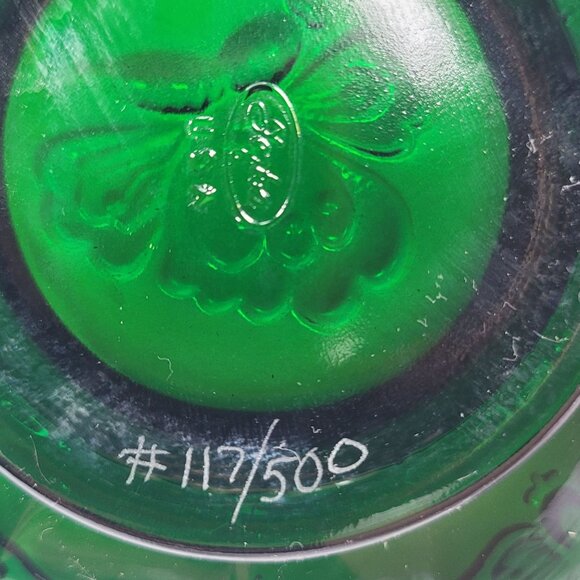 Fenton Green Carnival Glass Butterflies Bon Bon Dish #117/500 - Picture 7 of 8